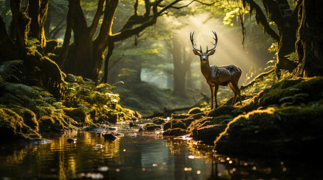 A tranquil forest at dawn with a deer in the clearing and sunrays creating a beautiful play of light and shadow