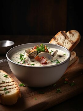 AI generated illustration of an appetizing bowl of steaming clam chowder served on a wooden board