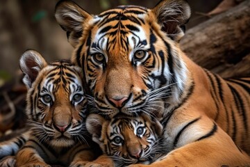 Image of AI-generated illustration of two tiger cubs with their mother looking at the camera. printed on Printed Glass Splashbacks