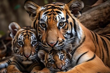 AI-generated illustration of two tiger cubs with their mother looking at the camera.