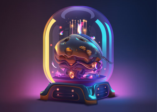 Cyberpunk-style vector image: A glowing "Superbrain" in a glass jar on a podium emits innovative ideas, symbolizing AI and machine learning brainstorming. Technology-driven brainstorming. Purple hues