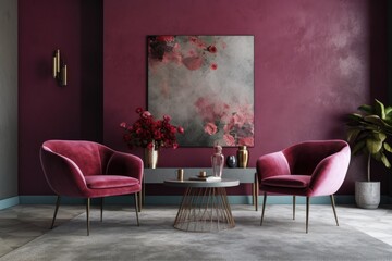 In a lounge or reception area of a luxury home, embrace the popular hue magenta in 2023. Red and burgundy chairs with a gray accent wall and plaster background. contemporary interior room design