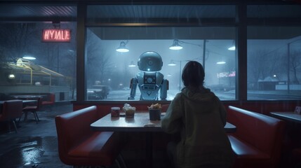 AI generated illustration of a woman at a diner looking at the robot outside the window