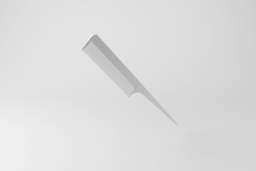White rat tail comb floating in mid air on white background in monochrome and minimalism. Illustration of the concept of beauty and fashion - obrazy, fototapety, plakaty