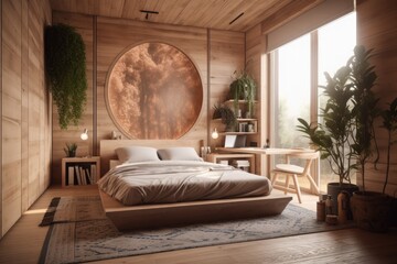 Desktop concept for an architect, photographer, and designer. Bohemian timber bedroom with a screen exhibiting an interior design project. a bed, some potted plants. Generative AI