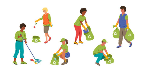 A set of volunteers clean up garbage and waste in a bag. Collection of people isolated on white background. Caring for the environment. Vector stock illustration.