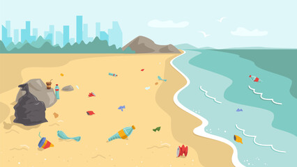 Dirty sea beach, household waste.Empty plastic bottles, cup.Ecological disaster.Environmental pollution.Vector stock illustration.