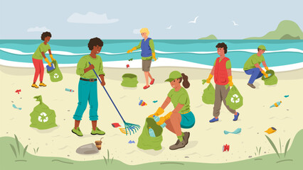 Volunteer people clean up trash and waste on the beach. The concept of environmental development, sustainable climate. Vector stock illustration.