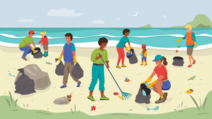 People volunteers clean up garbage on the beach by the sea. Polluted sea beach. Sustainability practices. Vector stock illustration.
