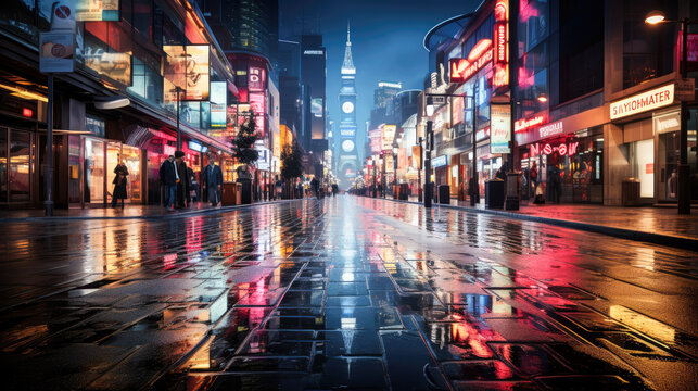 A depiction of urban nightlife with neon-lit streets and people reveling in the city's vibrant energy