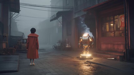 AI generated illustration of a woman standing near the burning robotic figure