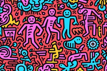 Exciting abstract mural featuring vibrant human figures. AI-generated.