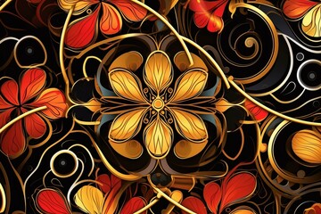 Fototapeta premium a black and gold floral pattern with red and orange flowers