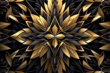 a black and gold floral pattern with gold leaves