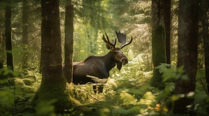 AI generated illustration of a bull moose in the middle of a lush, verdant forest