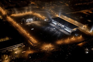 Illustration of an aerial view of a crowded stadium lit up by bright lights in the evening