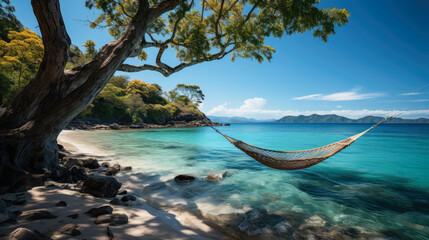 Obraz premium A serene tropical beach scene featuring palm trees, a hammock, and the crystal-clear ocean stretching to the horizon