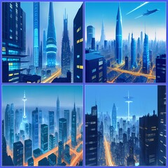 AI generated illustration of a collage of  stunning urban skylines with illuminated buildings