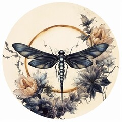 AI generated illustration of a dragonfly over a bed of flowers on a white background