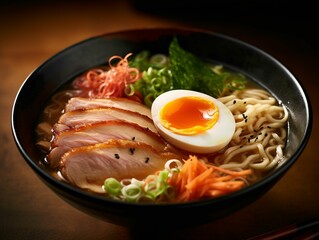 Vibrant bowl of traditional Japanese ramen with a hard-boiled egg resting on top. AI-generated.