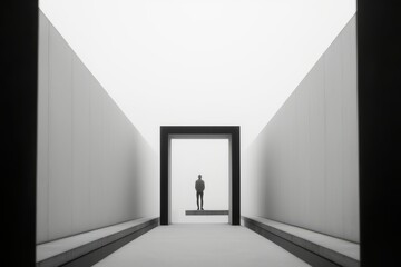 a black and white photo of a man standing in an open doorway