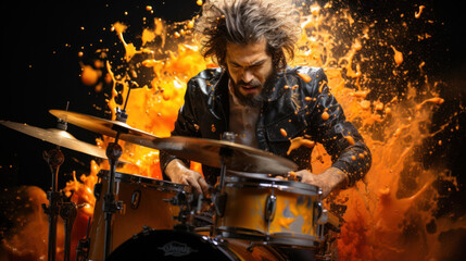 Fototapeta na wymiar Colorful Explosions: Drummer Playing Drums Amidst Burst of Vibrant Paints. Generative AI