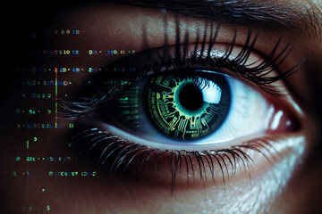 Woman eye iris and facial recognition.