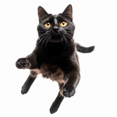 a black cat is flying in the air on a white background