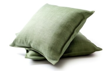 Green linen decorative cushion, isolated on white background. Generative AI