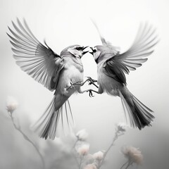 AI generated illustration of two white birds engaged in aerial combat