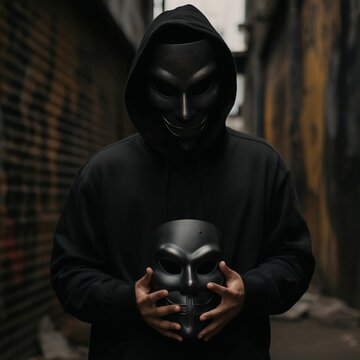 Mysterious Person Wearing A Black Hoodie And Mask In A City Street Setting. AI-generated.