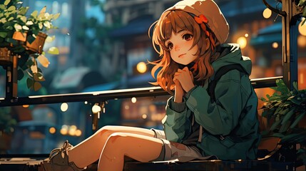 Obraz na płótnie Canvas Lofi girl style anime character looking relaxed on a bench 