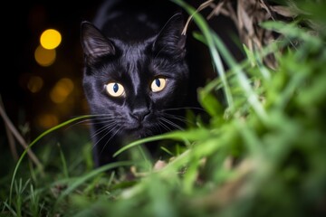 Naklejka na ściany i meble a black cat is walking in the grass at night