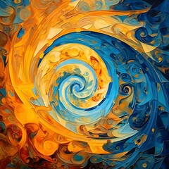 AI generated illustration of an abstract visual artwork featuring vibrant blue and orange swirls