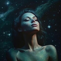 Young female looking up into the night sky - Ai generated