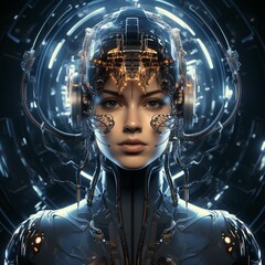 AI-generated illustration of a female cyborg wearing futuristic-style headgear