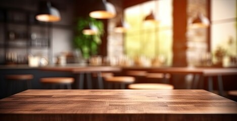 This stunning coffee shop photograph featuring a cozy shelf and table setup, perfect for a cafe or restaurant decor. The bokeh effect in the background adds a touch of magic to the scene - obrazy, fototapety, plakaty