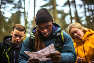 Team of outdoorsy individuals in a forest setting studying a physical map, AI-generated.