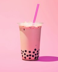 AI generated illustration of a cup of bubble tea with a straw against a pastel pink background