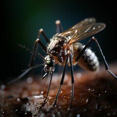 AI generated illustration of a close-up of a mosquito perched on the skin