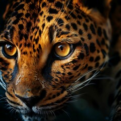AI generated illustration of a wild african leopard in a dark, natural environment