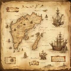 Old-fashioned map of an island and sea dotted with ships. AI-generated.