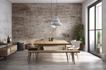 Fototapeta premium Dining area made of concrete and brick with a light wooden floor, a metal table, and metal seats. an opening. a mockup. Generative AI
