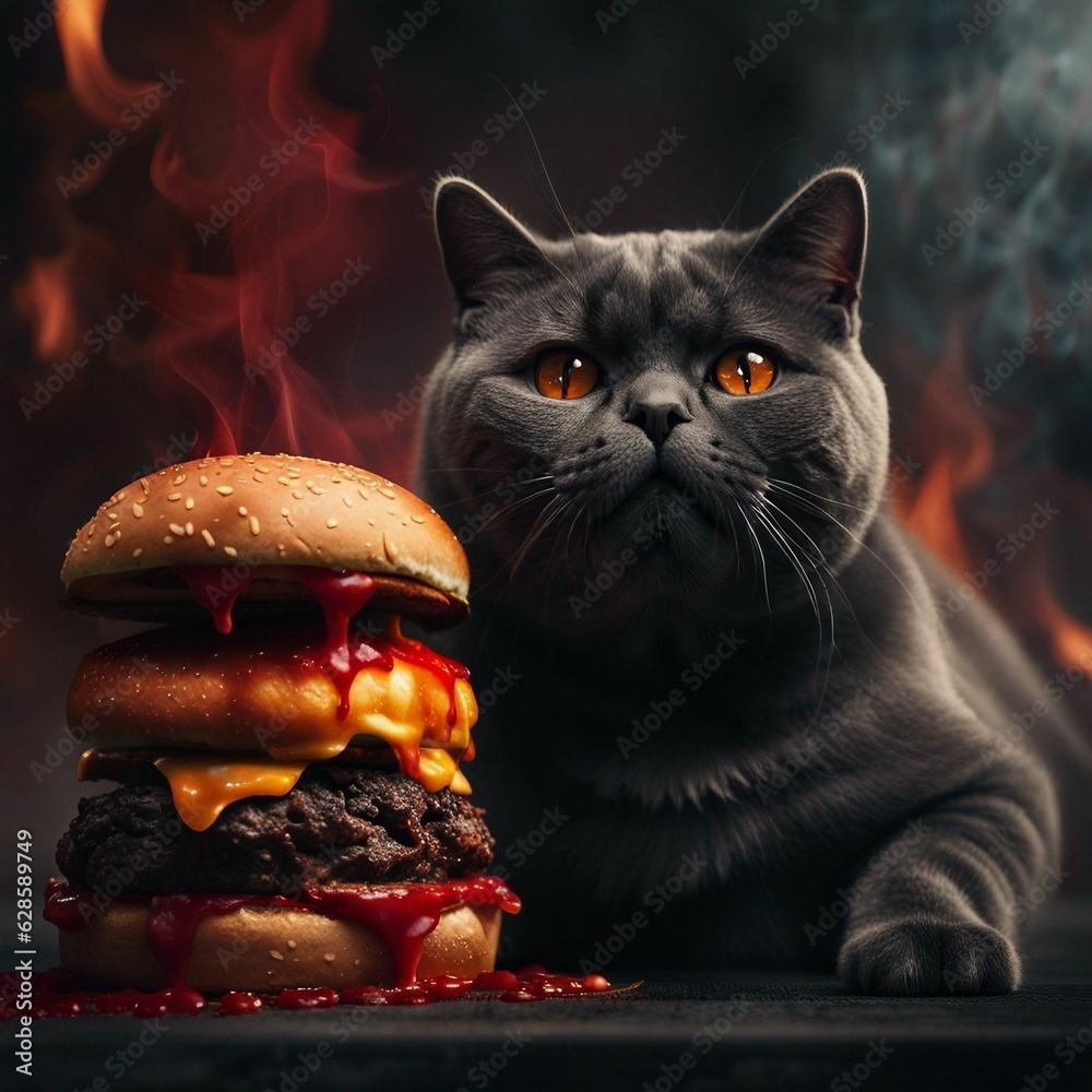 Sticker Domestic cat sitting next to a cheeseburger, AI-generated.