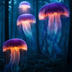 AI generated illustration of jellyfish illuminated in the deep forest with glowing purple hues