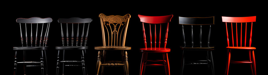 Ultra-Wide Background of Various Chairs lined up on a Black Background (Generative AI)