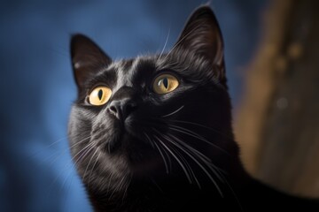 a black cat with yellow eyes looking up at the camera