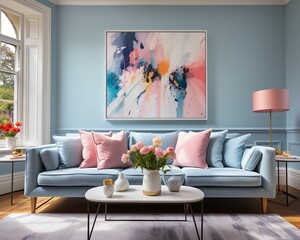AI generated illustration of an inviting living space with a pastel blue wall
