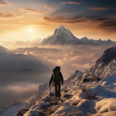 male standing atop a rocky mountain peak, outfitted with a backpack, surveying the landscape