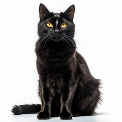 a black cat with yellow eyes sitting down